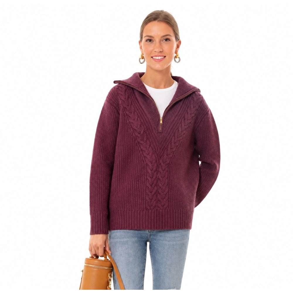 Tuckernuck Estella Plum Wool Cable Knit Quarter Zip Preppy Winter Sweater L $298